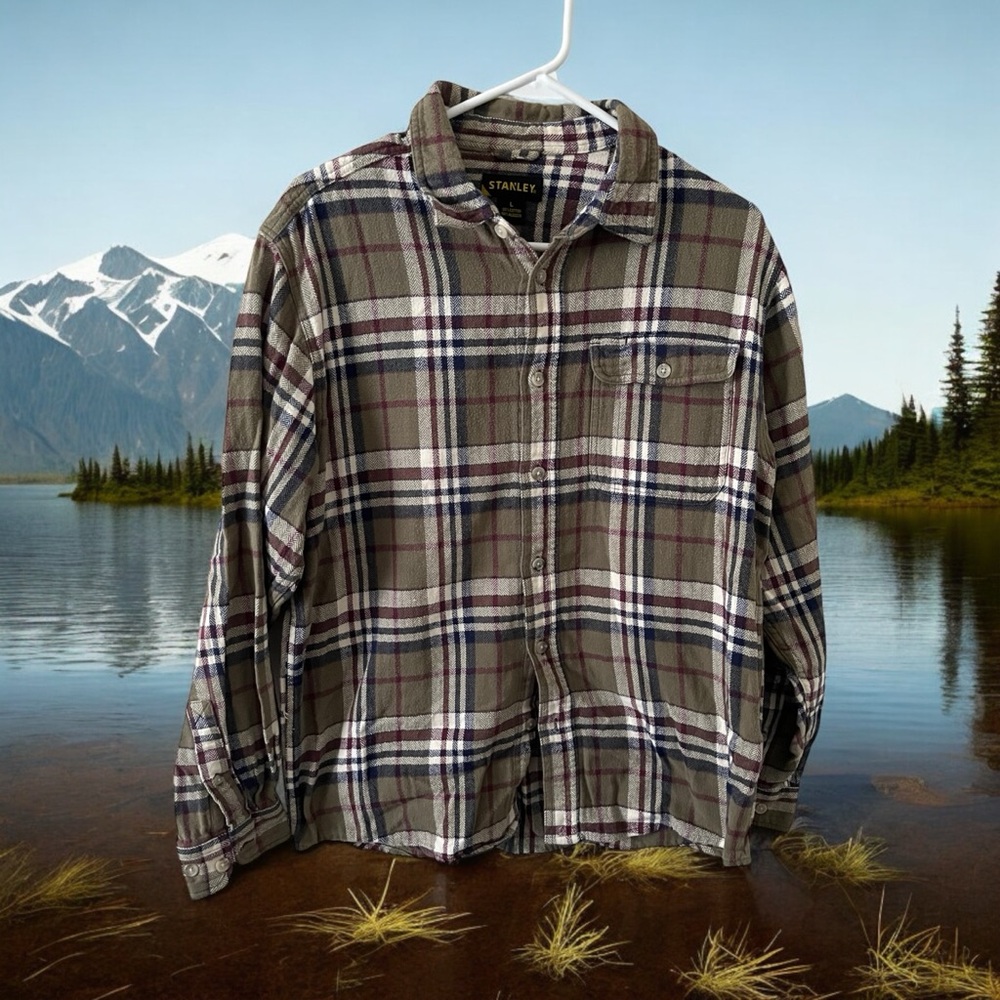 Stanley Men Large 100% Cotton Green White Maroon Plaid Flannel Long Sleeve Shirt